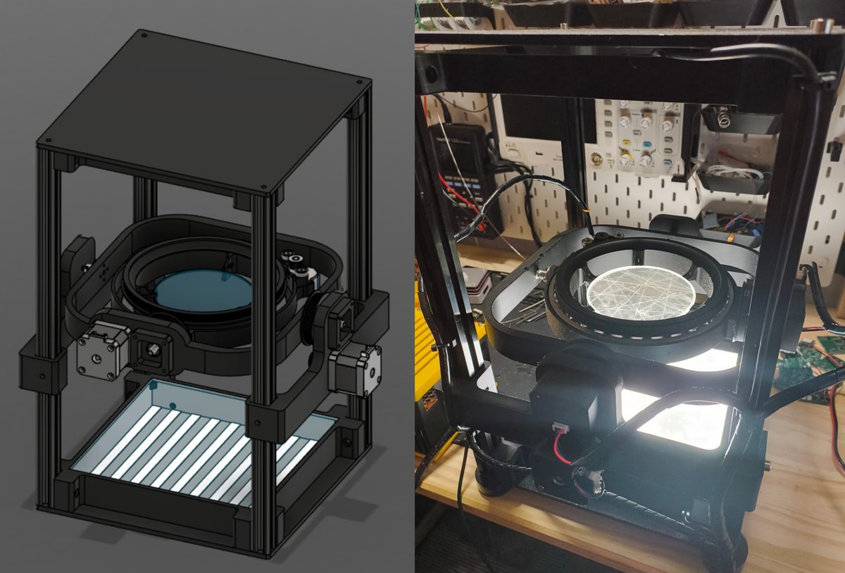 The Fabric Analyser: CAD model beside the built instrument
